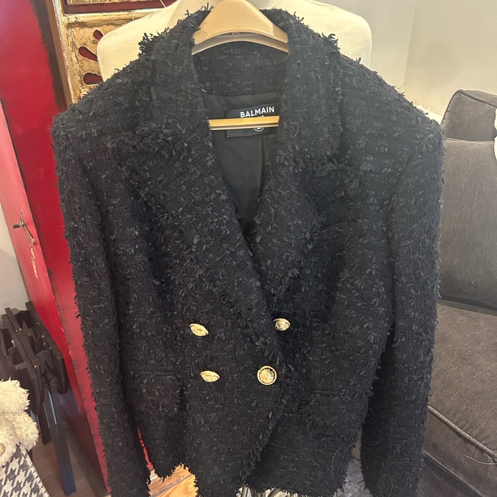 Balmain Black Textured Blazer with Gold Buttons